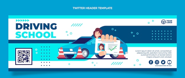 Vecteur gratuit en-tête twitter plat pour auto-école