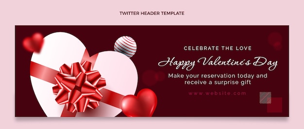 Vecteur gratuit en-tête twitter réaliste de la saint-valentin