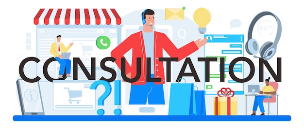 En-tête typographique de consultation Recherche et recommandation Stratégie de vente recommandation et dépannage Aider les clients ayant des problèmes commerciaux Illustration vectorielle plane