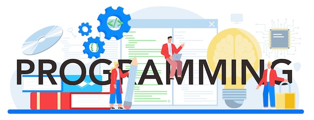 En-tête typographique de programmation Idée de programme de test et d'écriture de codage utilisant Internet et différents logiciels Développement et optimisation de sites Web Illustration vectorielle isolée