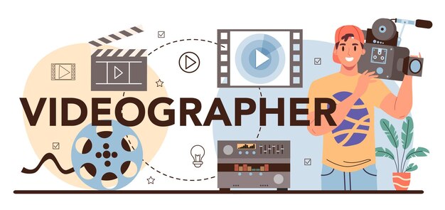 En-tête typographique de vidéaste Tournage et montage de production vidéo Caméraman ou concepteur de mouvement Création de contenu visuel pour les médias avec un équipement spécial Illustration vectorielle plane