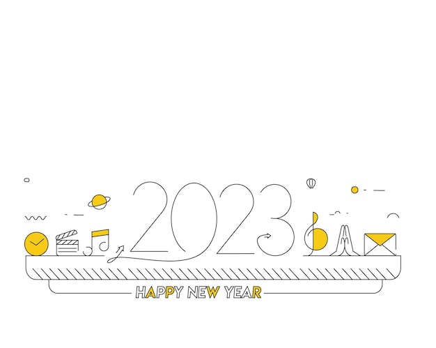 Texte de bonne année 2023 avec des icônes de musique Design Patter Vector illustration