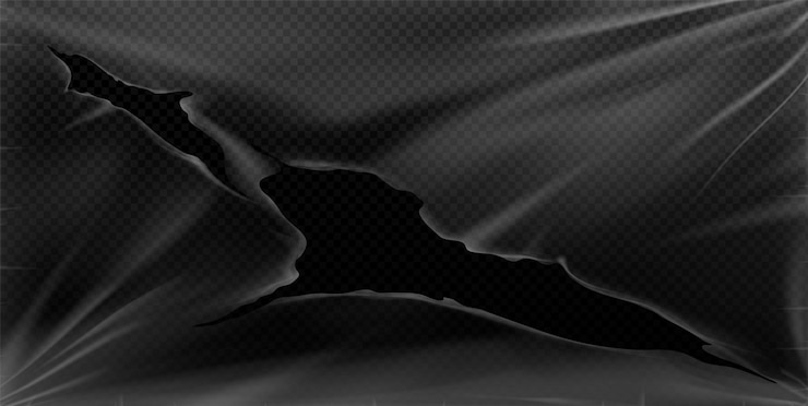 Vecteur gratuit texture de couverture en vinyle déchirée avec rétrécissement et trou maquette vectorielle réaliste d'un emballage en plastique transparent cassé avec effet de superposition manchon d'emballage en cellophane ou en polyéthylène avec espace d'ouverture et rides