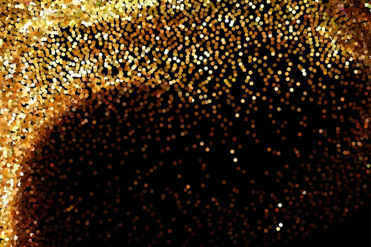 Vecteur gratuit texture de paillettes dorées sur fond noir. particules brillantes rondes et chatoyantes. effet d'explosion de paillettes dorées. confettis scintillants brillants. bannière, affiche, conception de carte de voeux brillant vecteur toile de fond
