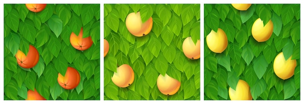 Vecteur gratuit textures de citron orange et de pommier pour le fond de jeu modèles sans couture de dessin animé vectoriel de feuillage d'arbres fruitiers tropicaux avec des feuilles vertes et de la récolte