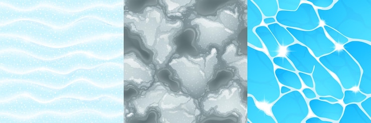 Vecteur gratuit textures d'eau, de neige et de gadoue pour le fond du jeu. modèles sans couture de dessin animé de vecteur de vue de dessus de la surface de la mer, de l'océan ou du lac, fonte de la neige et de la glace liquide sale