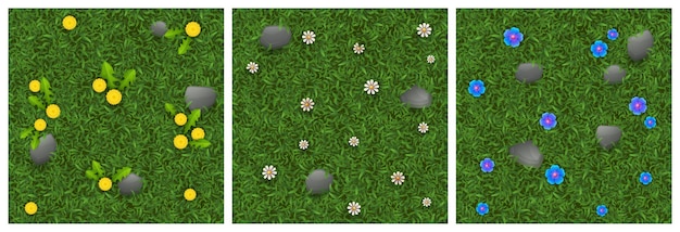 Vecteur gratuit textures d'herbe verte avec des fleurs et des pierres pour le fond du jeu. modèles sans couture de dessin animé de vecteur de vue de dessus de pelouse avec des fleurs dans le parc ou le jardin, prairie d'été