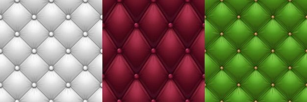 Vecteur gratuit textures de rembourrage en cuir tissu de canapé de luxe arrière-plans vectoriels réalistes motifs harmonieux de surface de canapé ou de chaise de meubles rembourrés housse de canapé rouge et vert blanc avec boutons