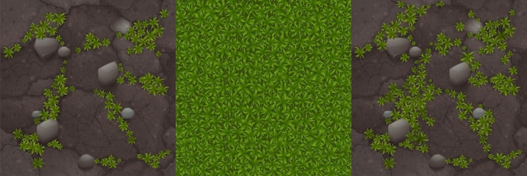 Vecteur gratuit textures de sol avec de la mousse, des pierres et de l'herbe verte pour le fond du jeu. vector cartoon modèles sans couture de vue de dessus de la surface du sol avec des pavés et de la pelouse