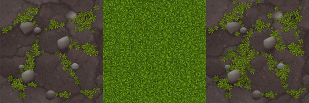 Textures de sol avec de la mousse, des pierres et de l'herbe verte pour le fond du jeu. Vector cartoon modèles sans couture de vue de dessus de la surface du sol avec des pavés et de la pelouse