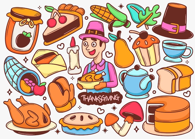 Thaksgiving Doodle Collection De Vecteurs De Couleur Dessinés à La Main