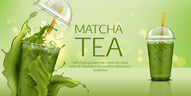 Thé vert Matcha avec des glaçons dans une tasse à emporter