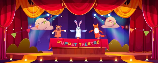 Théâtre de marionnettes enfant spectacle scène vecteur fond théâtre enfant avec marionnette et main jouet drôle scène dessin animé illustration lapin renard et lapin enfantin personnage animal performance divertissement