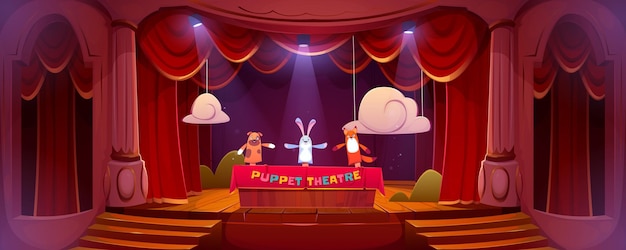 Vecteur gratuit théâtre de marionnettes sur scène, des poupées amusantes présentent un spectacle