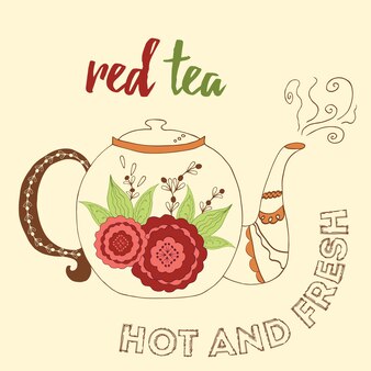 Théière dessinée à la main avec du thé rouge à l'hibiscus