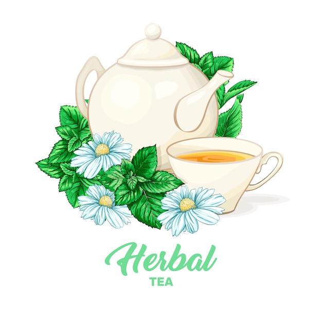 Théière en porcelaine et tasse à thé avec thé à la menthe et feuilles.
