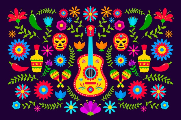 Vecteur gratuit thème de fond mexicain coloré design plat