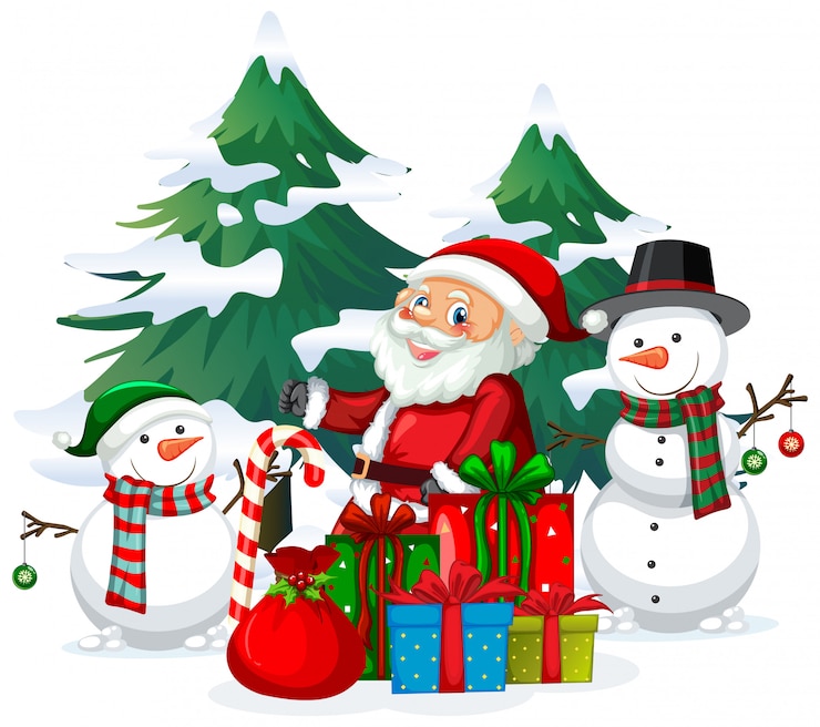 Vecteur gratuit thème de noël avec père noël et bonhomme de neige