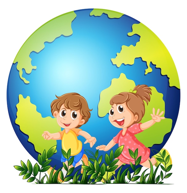 Vecteur gratuit thème de la terre avec un garçon et une fille qui courent