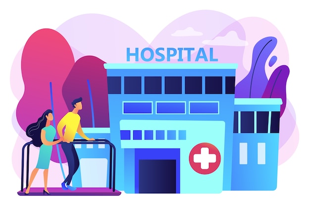Thérapeute travaillant avec le patient au centre de réadaptation. Centre de rééducation, hôpital de rééducation, stabilisation du concept de conditions médicales. Illustration isolée violette vibrante lumineuse