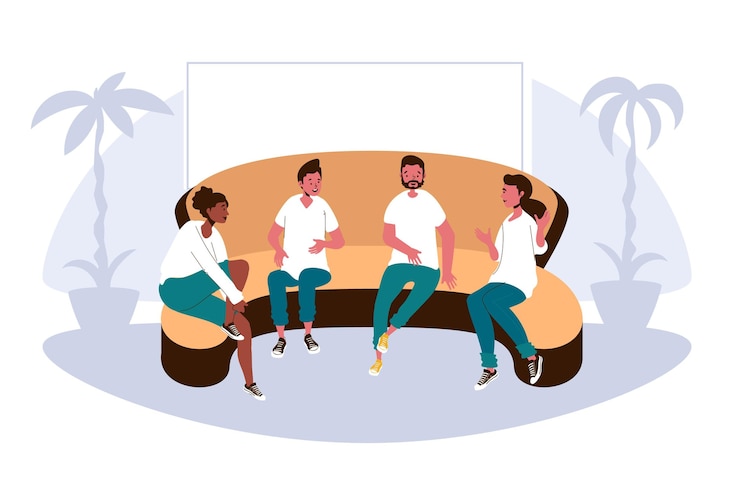 Vecteur gratuit thérapie de groupe design plat avec des gens sur le canapé
