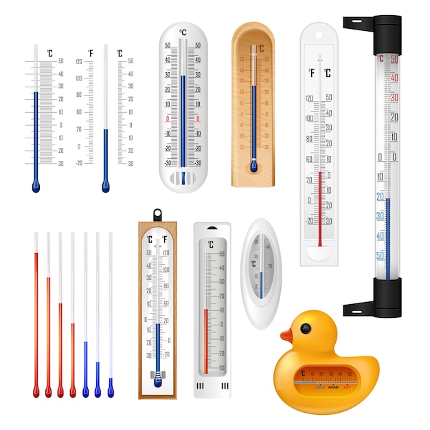 Vecteur gratuit thermomètre d'intérieur de météorologie réaliste serti d'images isolées de compteurs de température domestiques pour l'illustration vectorielle de l'air et de l'eau