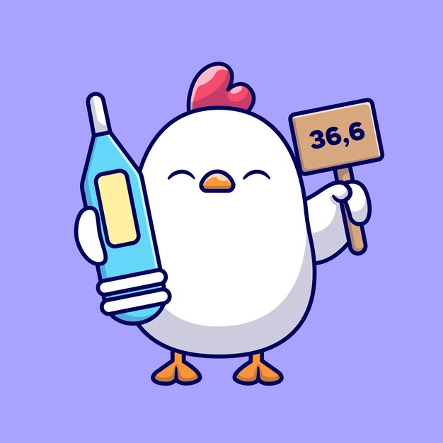 Thermomètre de poulet mignon Icon de vecteur de dessin animé Illustration d'animal en bonne santé Appartement isolé