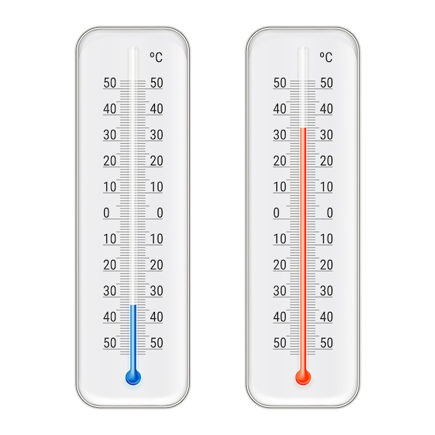 Thermomètres rouges et bleus d'éthanol d'alcool Celsius classiques extérieurs et intérieurs fixés pour des mesures météorologiques illustration réaliste