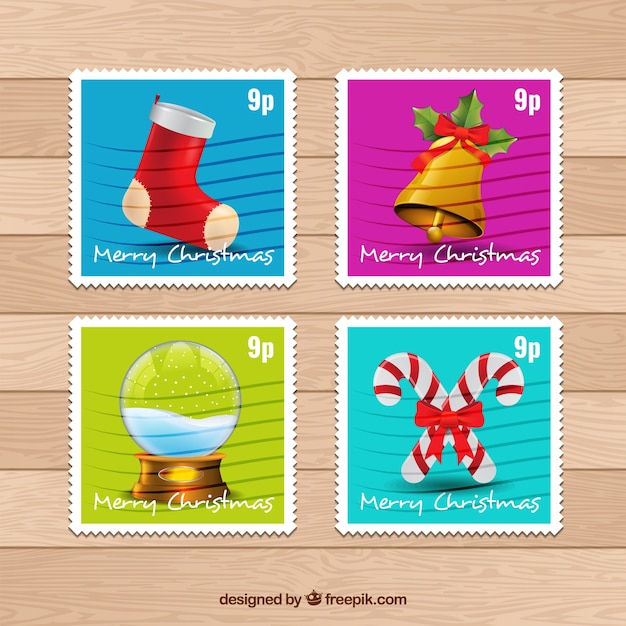 Vecteur gratuit timbres de noël carrés dans des couleurs vives