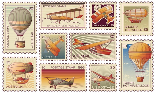 Vecteur gratuit timbres-poste de transport d'avion vintage rétro aéronautique sertie d'étiquettes de courrier isolées avec illustration vectorielle de texte et de valeur