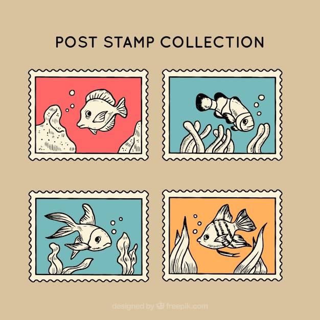 Timbres De Poste Vintage Avec Poissons