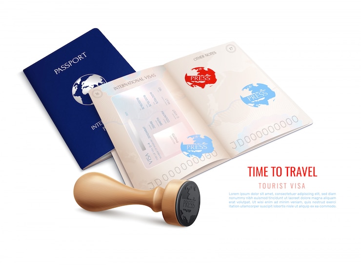 Vecteur gratuit timbres de visa de passeport biométrique réalistes avec le temps de voyager illustration de titre de visa touristique