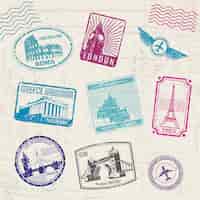 Vecteur gratuit timbres de voyage sertis de points de repère des pays d'europe.