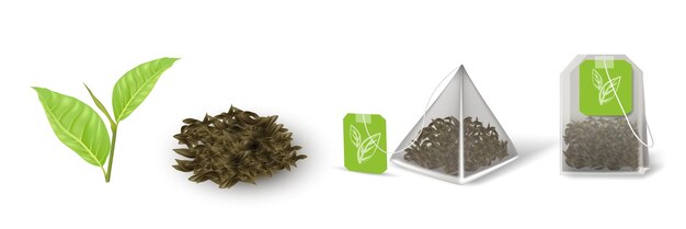 Tisane verte en sachet de thé et ensemble de plantes fraîches en tas Sac aromatique triangulaire avec étiquette de conception étiquette boisson saine réaliste isolée sur fond blanc