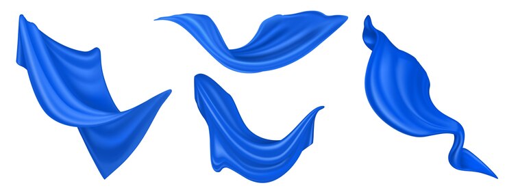 Vecteur gratuit tissu de soie bleu volant isolé sur fond blanc. ensemble réaliste de vecteur de vêtements de velours gonflés, écharpe ou rideaux dans le vent