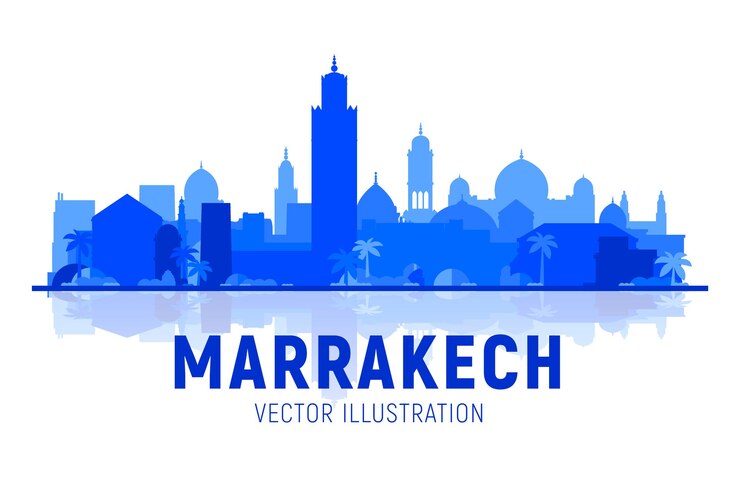 Toits de la ville de Marrakech Maroc avec panorama sur fond blanc Illustration vectorielle Concept de voyage d'affaires et de tourisme avec de vieux bâtiments Image pour le site Web de la bannière de présentation