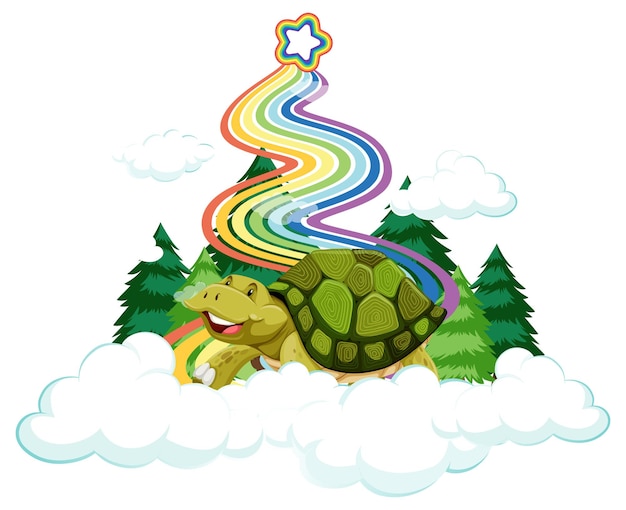 Une Tortue Assise Sur Le Nuage Avec Arc-en-ciel Sur Fond Blanc