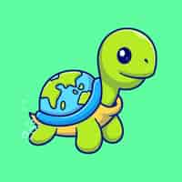 Vecteur gratuit tortue mignonne avec l'illustration d'icône de vecteur de dessin animé de coquille du monde. concept d'icône de nature animale isolé