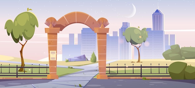 Vecteur gratuit tôt le matin, vue sur le paysage urbain avec portes en pierre, entrée du jardin de la ville ou du parc. horizon urbain avec clôture métallique et arbres. fond de lever de soleil avec croissant dans le ciel rose, illustration vectorielle de dessin animé