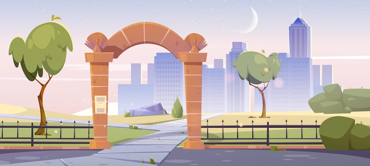 Vecteur gratuit tôt le matin, vue sur le paysage urbain avec portes en pierre, entrée du jardin de la ville ou du parc. horizon urbain avec clôture métallique et arbres. fond de lever de soleil avec croissant dans le ciel rose, illustration vectorielle de dessin animé