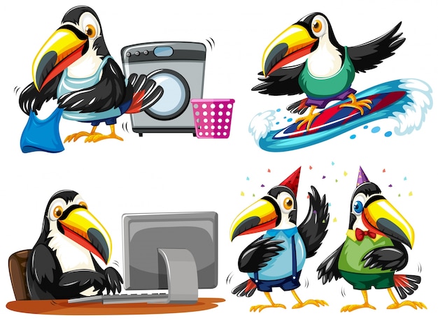 Toucan faisant différentes activités illustration