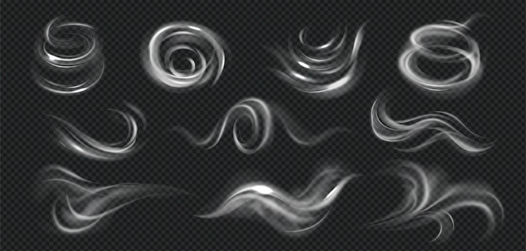 Vecteur gratuit tourbillons de vent réalistes sertis d'images monochromes de volutes de fumée de forme différente sur l'illustration vectorielle de fond transparent