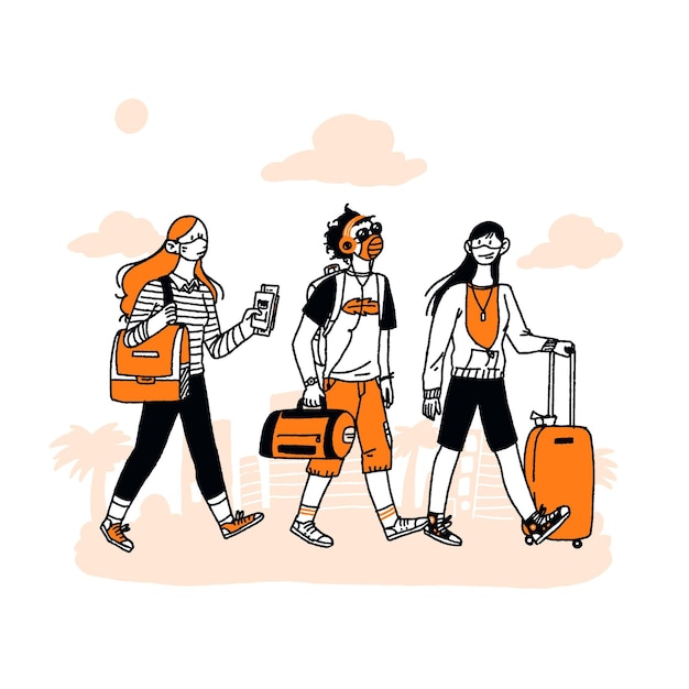 Touristes Dessinés à La Main Avec Des Bagages