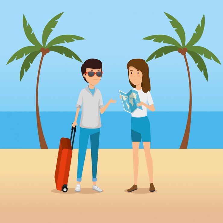 Vecteur gratuit touristique homme et femme avec une carte du monde sur la plage
