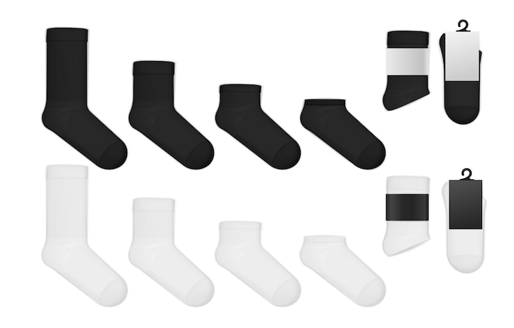 Vecteur gratuit tous les types de chaussettes noires et blanches pour le sport et chaque jour ensemble réaliste illustration vectorielle isolée