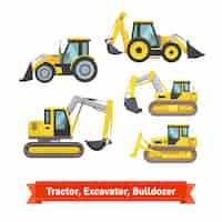 Vecteur gratuit tracteur, excavateur, jeu de bulldozer