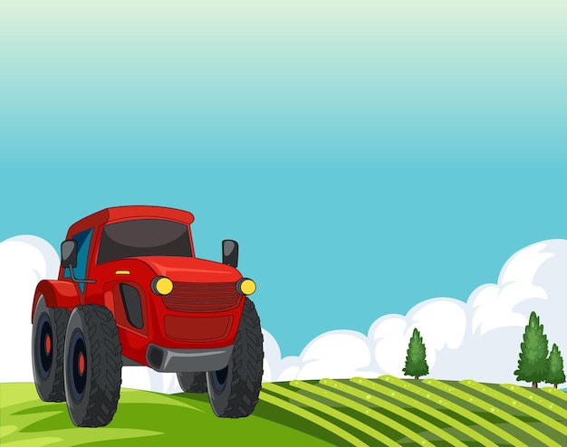 Vecteur gratuit tracteur rouge sur un champ de ferme ensoleillé