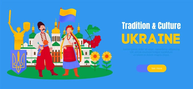 Vecteur gratuit traditions et culture de l'ukraine bannière horizontale décorée de personnages masculins et féminins en illustration vectorielle de vêtements nationaux