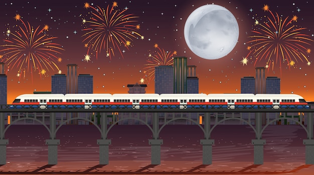 Train Traverser La Rivière Avec Scène De Feux D'artifice De Célébration