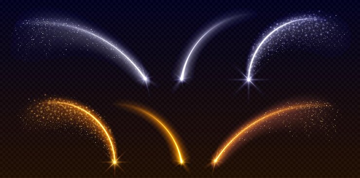 Vecteur gratuit des traînées d'étoiles filantes jaunes et blanches sur un fond transparent illustration vectorielle réaliste d'un arc de feux d'artifice des queues avec des particules scintillantes des faisceaux étincelants festifs effet de scintillement magique